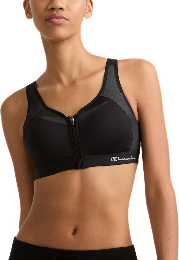 Champion Women's Sports Bra, Motion Control Zip High-impact Sports Bra, Wirefree Bra for Women (38DD, Black)