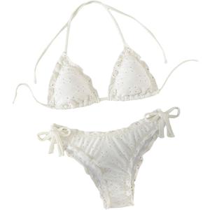 Verdusa Women's Bikini Sets Halter String Cute Bow Tie Side Frill Trim 2 Piece Swimsuits Bathing Suits (Large, White)