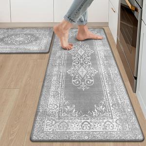 Ileading Anti Fatigue Kitchen Rugs Sets of 2 Cushioned Kitchen Mats for Floor Waterproof Kitchen Mat Set Non Slip Comfort Standing Mat for Kitchen, Office, Sink, Laundry (17"x47"+17"x28"-0.4", Vintage Grey)