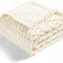 Vessia Flannel Fleece Throw Blanket(50x70 inch), 3D Jacquard Cream Fuzzy and Warm Blanket for Couch,Sofa,Bed,Chair, 300GSM Super Soft Touch Cozy Lightweight Throw for All-Season Home Decor