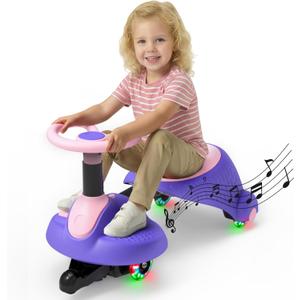 Electric Wiggle Car for Kids,6V Wiggle Car with LED Flashing Wheels & Music Speaker, Ride on Toys with Anti-Rollover & Flexible Steering, Adjustable-Length Car for Ages 3 and Up 66 LBS(Pink-Purple)