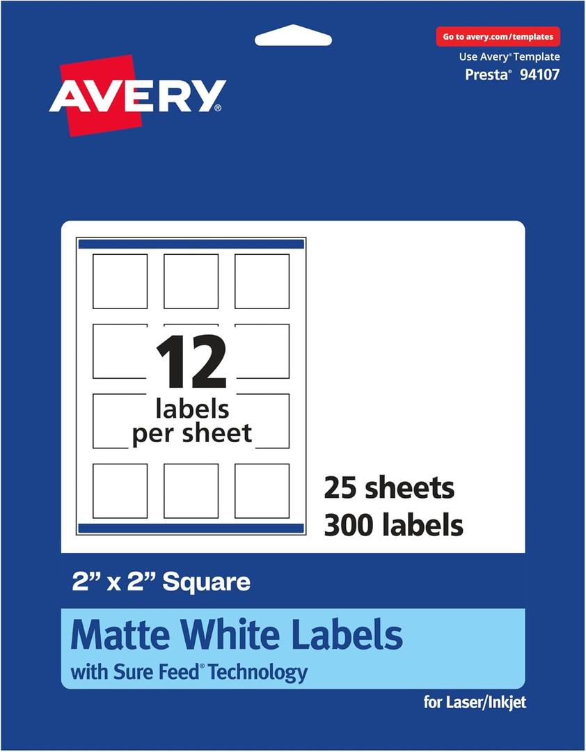 Avery Matte White Square Labels, Sure Feed Technology, 2" x 2", 300 Matte White Printable Labels