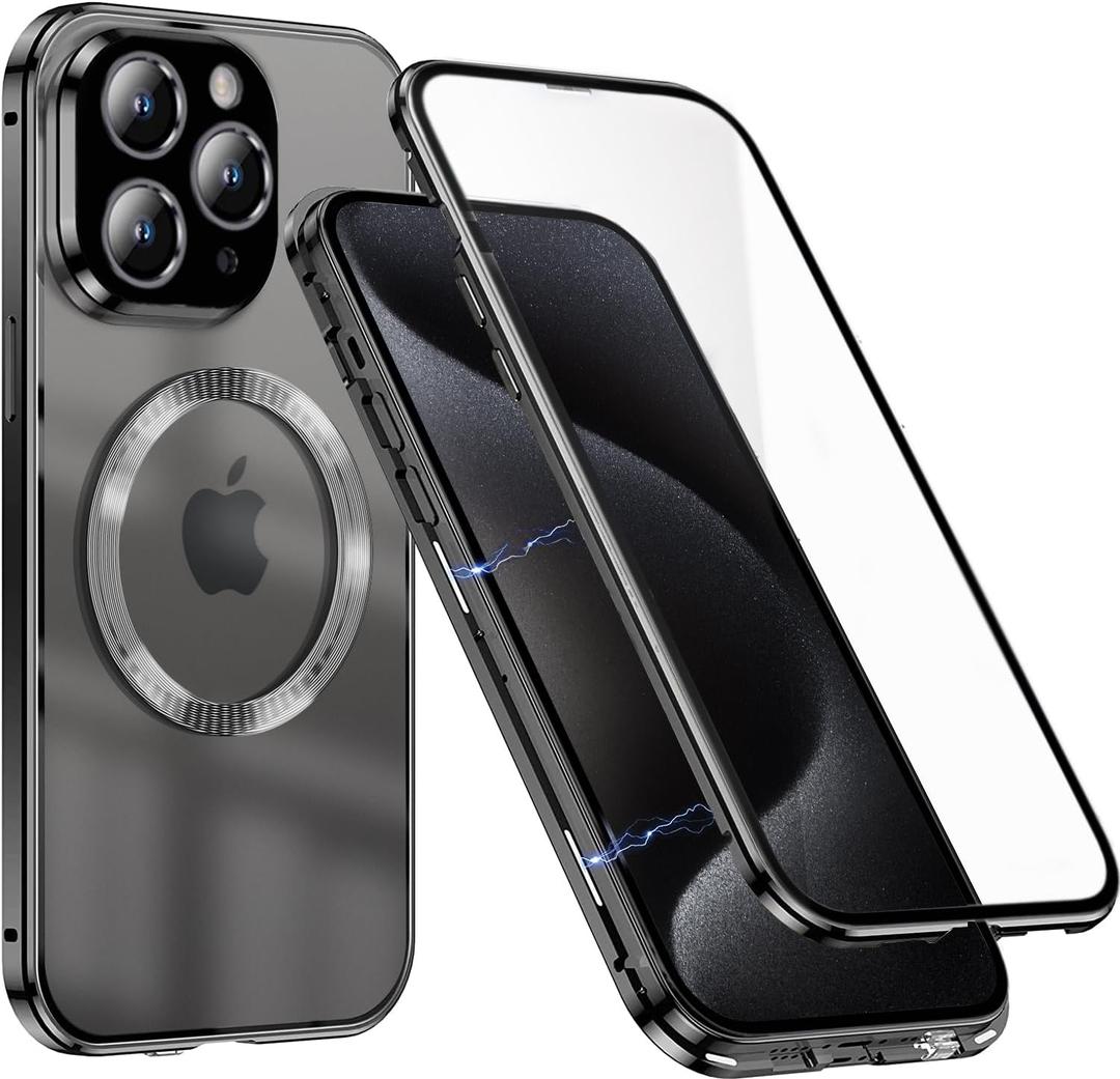 for iPhone 15 ProMax Case,Magnetic Tempered Glass Double-Sided Phone Case,Full Body Shockproof Frosted PC Cover Metal Bumper Compatible with MagSafe Case for iPhone 15 Pro Max-Titanium Black