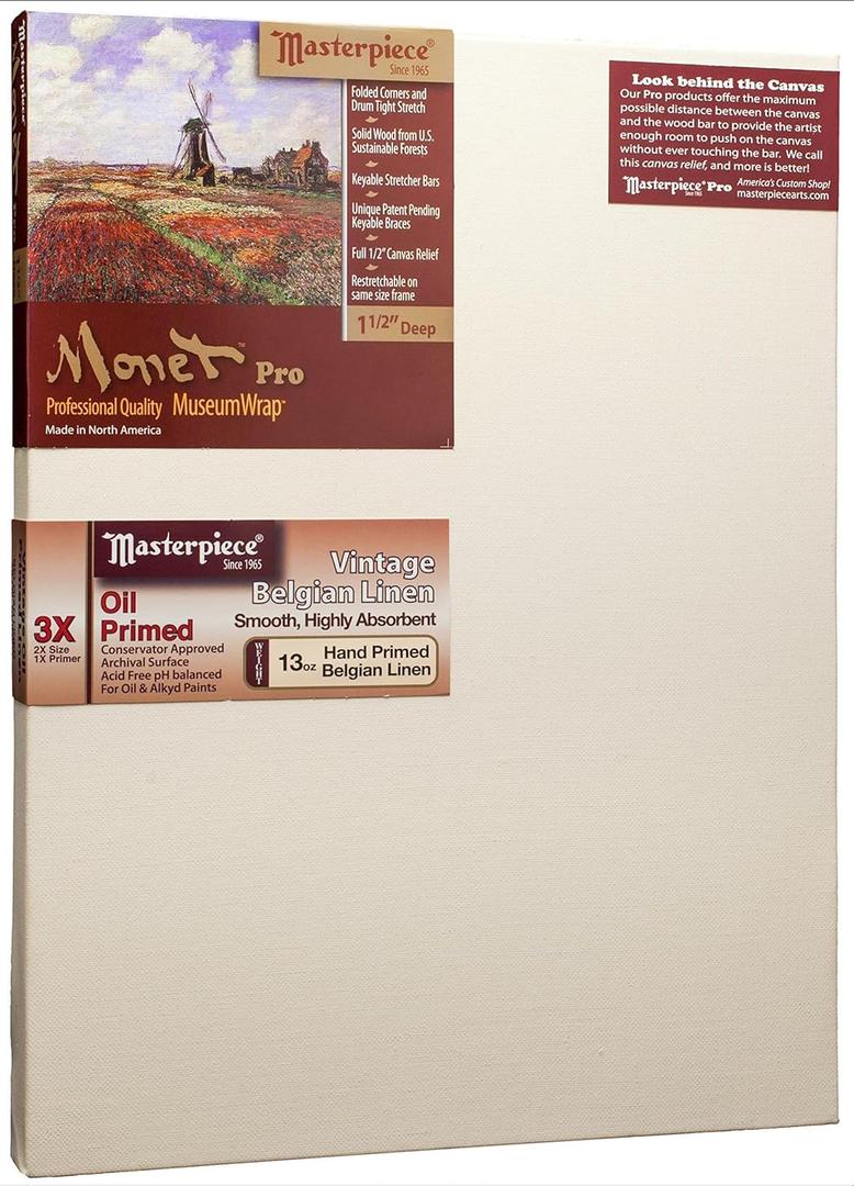 Masterpiece Z1MO-2048 Monet Pro 1.5" Deep Vintage L21C Belgian Linen 13.0 oz Oil Primed Linen Stretched Canvas 20" x 48" Cream