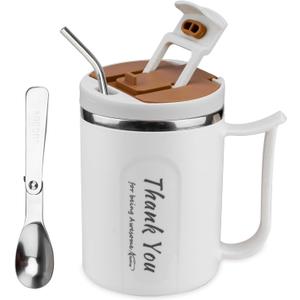 SunKrop Coffee Cup with Straw and Spoon 17OZ/500ML Stainless Steel Tumbler Office Mugs with Handle and Lid, Appreciation Gifts for Coworkers Employee Teacher Friends Family