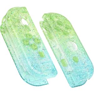 eXtremeRate DIY Replacement Shell Buttons for Nintendo Switch & Switch OLED Joycon and Strap, Glitter Gradient Translucent Green Blue Housing Wrist Strap Cover with Buttons for Switch & Switch OLED