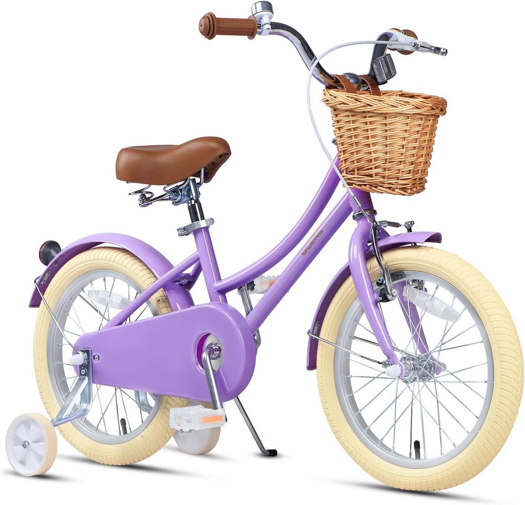 Glerc Little Molly 12-20 Inch Kids Retro Cruiser Bike for 2-13 Year Old with Wicker Basket & Training Wheels/Kickstand, Multiple Colors, 16 Inch