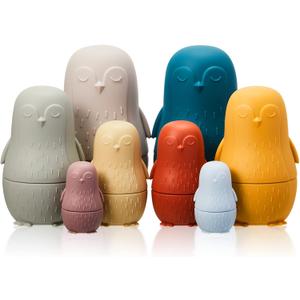 Chivao 8 Pieces Russian Nesting Dolls Silicone Matryoshka Doll Educational Stacking Nesting Dolls for Toddlers Vivid Food Grade Baby Teether for Kids, Gift for Kids(Penguin)