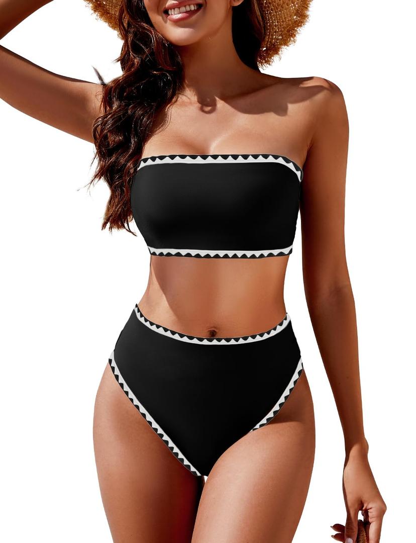YACUN Women's High Waisted Bikini Swimsuit Two Piece Strapless Bandeau Cheeky Bathing Suits Black Shell L
