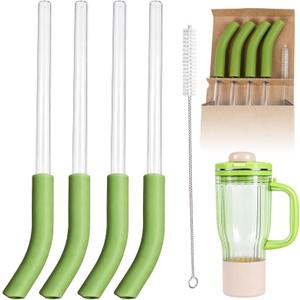 4 Pcs Replacement Glass Straw Compatible with Ninja BlendBOSS 26oz Travel Tumbler, Reusable Smoothie Straws with Cleaning Brush Compatible with Ninja Blendboss Straw（Green）