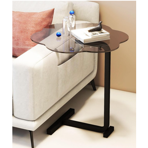 Glass C Table, Clear C Shaped End Table for Couch and Bed, Small Couch Side Tables That Slide Under, C Shaped Tempered Glass Snack Coffee Table for Small Spaces, Flower & Round Shaped(Flower black)