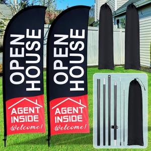 Buryeah 2 Pack 7x5.4 ft Open House Flags Signs for Real Estate Agents Feather Flag Opening Signs Banner Set with Flagpole Ground Stake Portable Bag for Real Estate Business(Black)