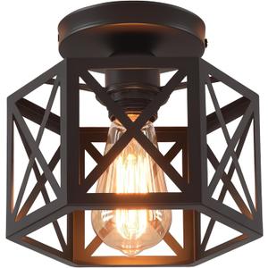 Black Flush Mount Ceiling Light,Hallway Light Ceiling Mount,Industrial Vintage Metal Cage Close to Ceiling Lights for Kitchen,Farmhouse,Bedroom