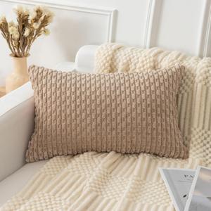 UGASA Soft Corduroy Decorative Pillow Cover 12x20 Inch Boho Striped Oblong Throw Pillow Cover Modern Home Decor for Sofa Living Room Couch Bed Tan, 1 Piece