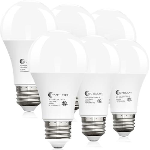 evelor 6-Packs A19 LED Light Bulbs,100 Watt Equivalent Daylight 5000K Bright Bulbs Efficient 13W,1500 Lumens E26 Base, Non-Dimmable, 15000-Hour Lifespan for Bedroom, Living Room, Office