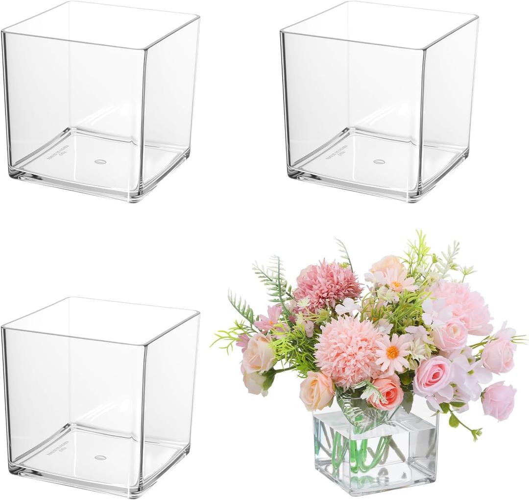 4Pcs Clear Acrylic Flower Vase 6 x 6 x 6Inch Square Flower Vase Clear Cube Flowers Vases for Wedding Centerpieces, Party, Home Office Decoration