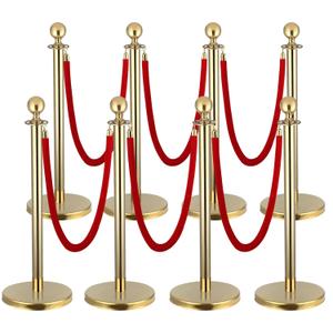 8 PCS Stainless Steel Stanchion Post,5Ft Red Velvet Rope, Hollow Base and Velvet Ropes Safety Barriers Set, Poles Crowd Control Barriers for Red Carpet Themed Decoration (8) (Gold Color)