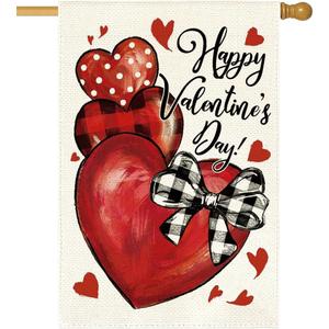 RABUSOFA Happy Valentines Day House Flag 28x40 Inch Double Sided Outside, Love Hearts Rustic Anniversary Yard Outdoor Flag Decorations Red