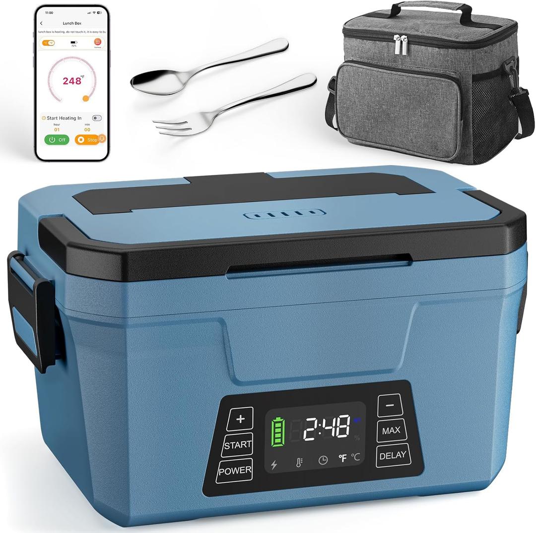 Cordless Electric Lunch Box for Adults, APP Control Heated Lunch Box for Men Food Warmer Rechargeable Lunch Box 248 Timer Self Heating Lunch Box, 5-sided Heated lunchbox Gifts for Women Work/Outdoor (Blue)
