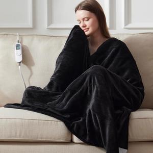 DOWNCOOL Heated Blanket, Electric Blanket, Electric Throw with 1-12 Hour Timer & 10 Heat Settings, Velvet Heated Blanket with Fast Heating and Auto Shut-Off, Machine Washable(50x60 Inches) (Black)