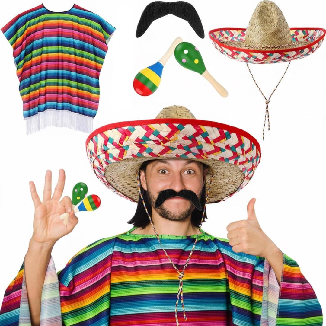 Unittype 6 Pcs Mxeican Costume Set Sombrero Hat Serape Poncho Mustache Maracas Fiesta Outfit Mexco Accessories