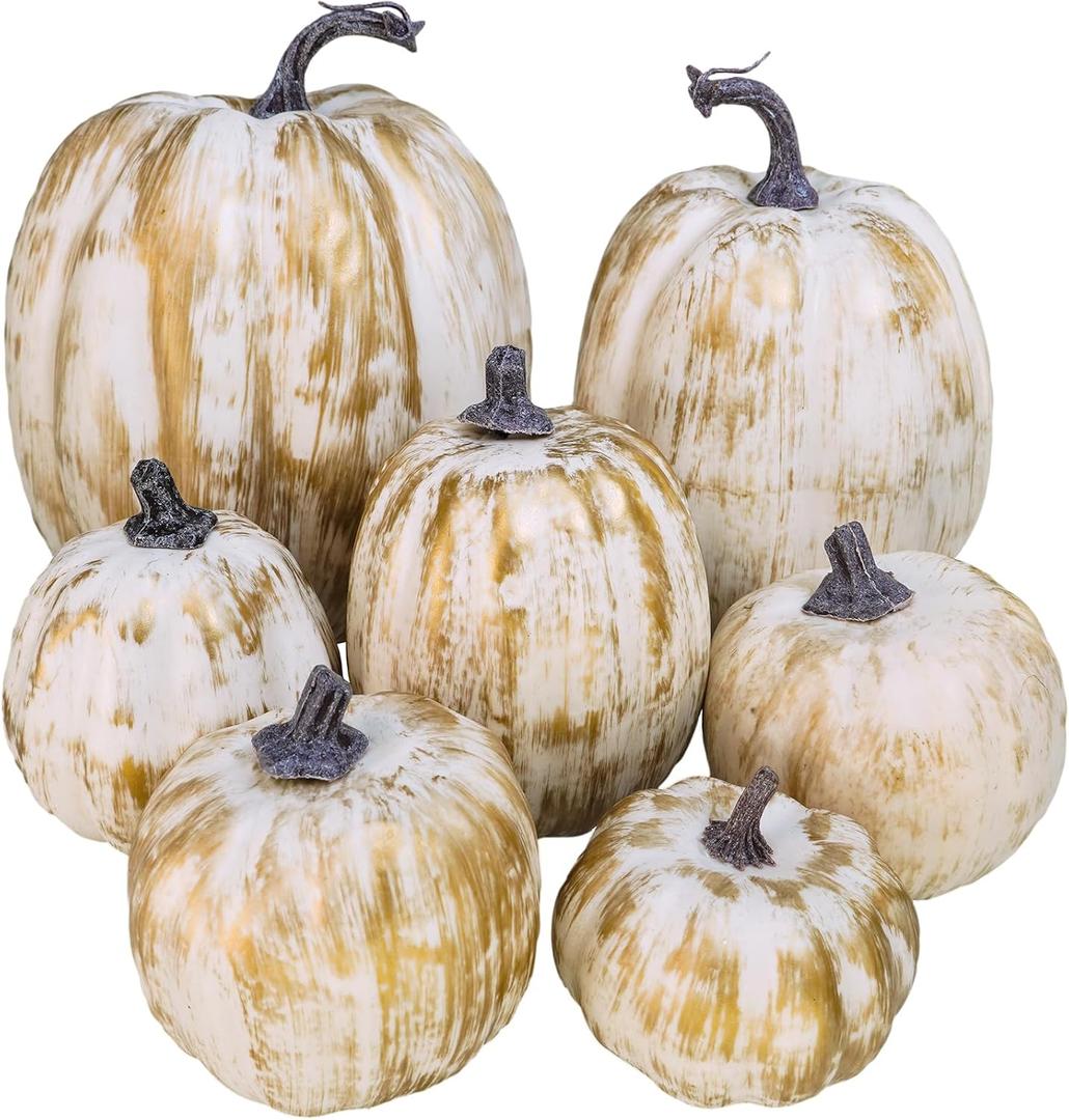 7 Pcs Assorted Sizes Fall Artificial Pumpkins Harvest Pumpkins Faux Foam Pumpkins for Fall Autumn Season Halloween Thanksgiving Harvest Holiday Season Festive Tabletop Decoration (Gold Brush White)