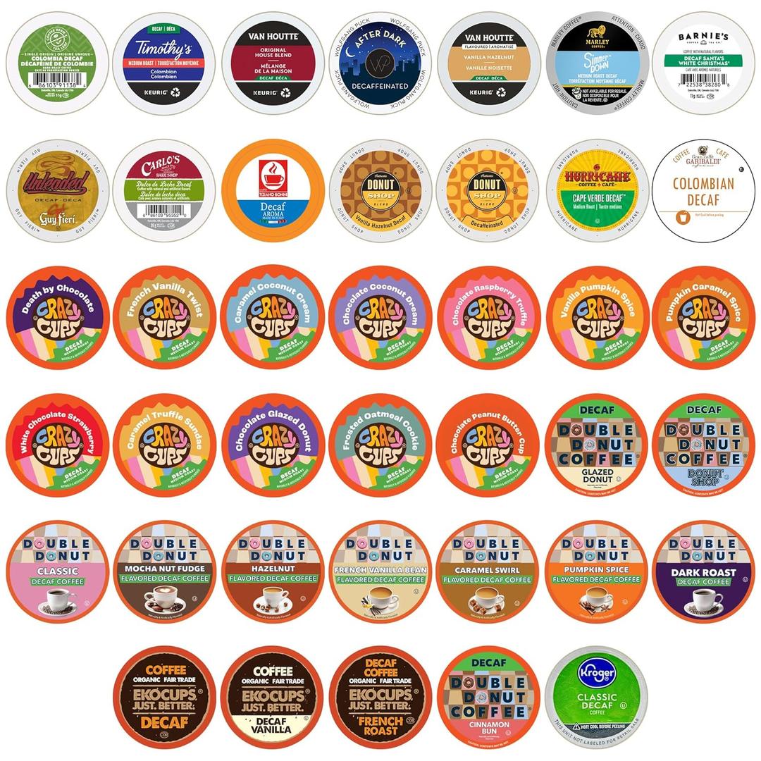 Crazy Cups Decaf Flavoured Coffee Variety Pack,Decaffeinated Flavoured Coffee Pods, Single Serve Hot or Iced Medium Roast Coffee for Keurig K Cups Machines, 40 Count (EXP 05/27/27)