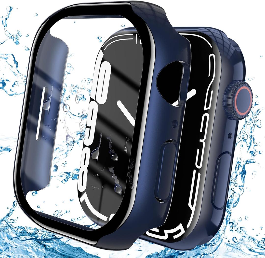 3 x YMHML Case Compatible for Apple Watch Series 9/8/7 45mm with Tempered Glass Screen Protector, Hard PC Full Touch Sensitive Protective Cover Slim Bumper for iWatch Accessories, Blue