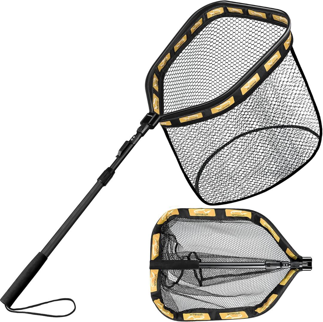 PLUSINNO Floating Fishing Net for Steelhead, Salmon, Fly, Kayak, Catfish, Bass, Trout Fishing, Rubber Coated Foldable Landing Net with Fixed or Telescoping Pole Handle, Fishing Gear and Gifts for Men
