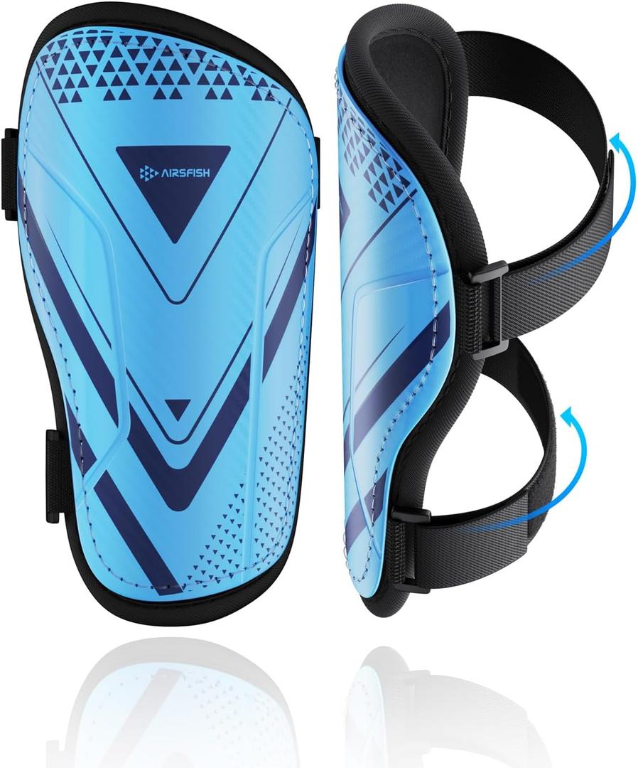 Shin Guards Soccer Kids Youth, CE Certified Airsfish Shin Guard Protection Gear for 2-18 Years Old Boys Girls Teenagers High Impact Resistant Breathable Comfortable 1 Pair 4 Sizes (X-Small, Blue)