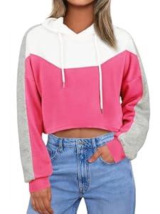 FAIRY SEASON Womens Cropped Hoodies Color Block Long Sleeve Crop Pullover Sweatshirts Hooded Crop Top Shirt Y2K Workout Tops (Small, Rose Pink)