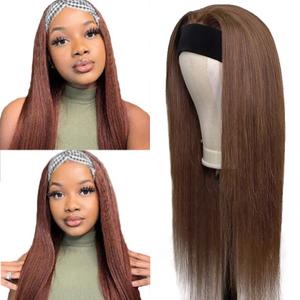 22 Inch #4 Brown Headband Wigs Human Hair Straight Wigs for Black Women Brazilian Virgin Hair Glueless None Lace Front Half Wig Wear and Go Chocolate Brown Headband Wigs Human Hair