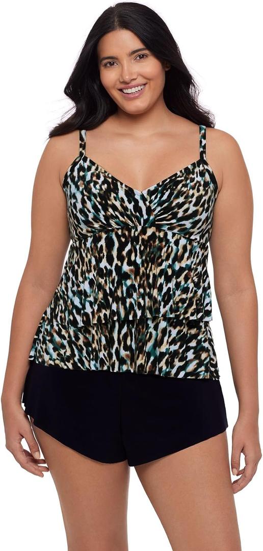 Womens Double Layer Leona Swim Tankini Top with Built-in Molded Cups (10, Leopard in the Mist)