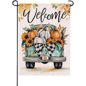 Artofy Welcome Fall Pumpkin Small Decorative Garden Flag, Autumn Thanksgiving Harvest Season Teal Truck Yard Lawn Outside Decor, Sunflower Leaves Burlap Outdoor Home Decoration Double Sided 12 x 18