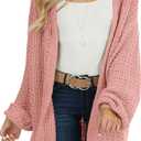 Maroway Womens Cardigan Solid Color Long Sleeve Open Front Chunky Knit Sweater Outwear (Pink, XL)