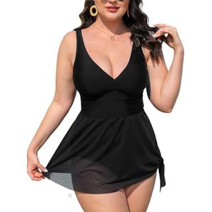 CUPSHE Women Tankini Sets Plus Size Two Piece Swimsuit High Waisted V Neck Mesh Ruched Self Tie Swim Dress, 1XL