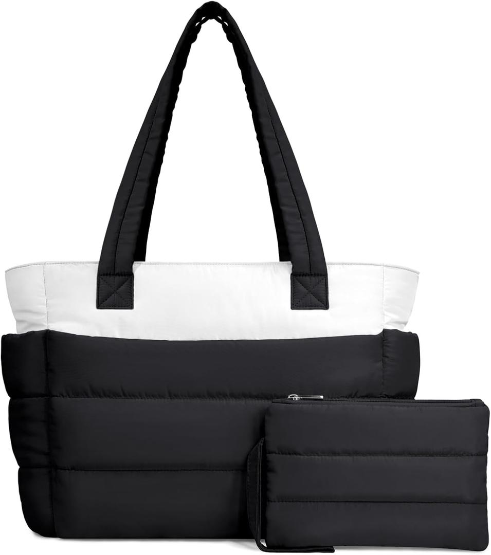 TOPDesign Puffer Tote Bag for Women, Lightweight Puffy Handbag with Compartments, Quilted Shoulder Bag for Work, Travel, Gym (Medium, Black/White)