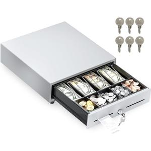 13 Electronic Auto Open Cash Register Drawer for Point of Sale System - 4 Bill 5 Coin Cash Tray, Removable Coin Compartment, 24V, RJ11/RJ12 Key-Lock, 1 Media Slot, for Small Shops (White) (White)