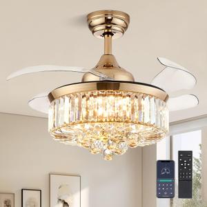 CROSSIO 36" Gold Crystal Ceiling Fans with Lights Retractable Invisible Blades Fandelier Dimmable Chandelier Fan with Remote for Bedroom Living Room Dining Room