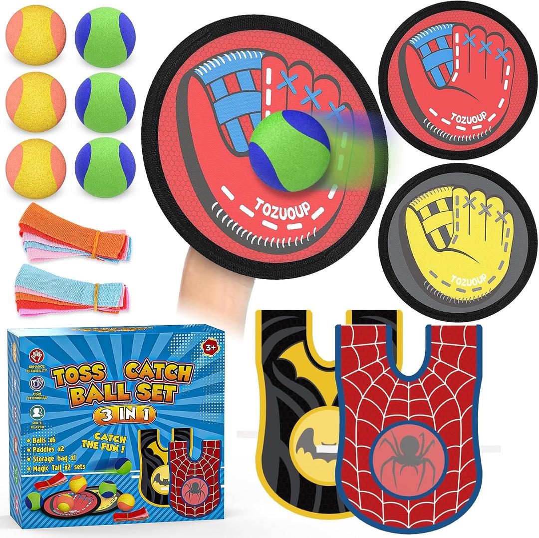 Tozuoup 3-in-1 Toss Catch Ball Game Set, Kids Toddler Baseball Glove, Beach Games Outdoor Yard Lawn Toys for Kids & Family, Birthday Gifts Toys for 3 4 5 6 7 8-12 Year Old Boys and Girls