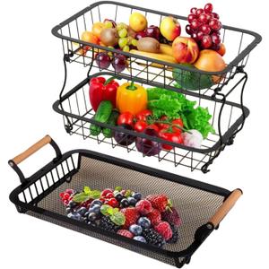 Fruit Organizer, 3-Tier Kitchen Basket, Large 3-Layer Counter Rack, Banana Hanger Bowl Holder, Metal Food Storage Tier for Vegetable, Snack, Bread, Produce, Pantry, Farmhouse, Restaurant