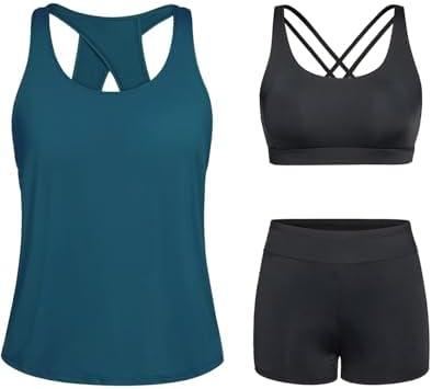 Tempt Me 3 Piece Tankini Swimsuits for Women Athletic Bathing Suits Swim Tank Top with Boy Shorts and Bra Modest Swimwear, XS