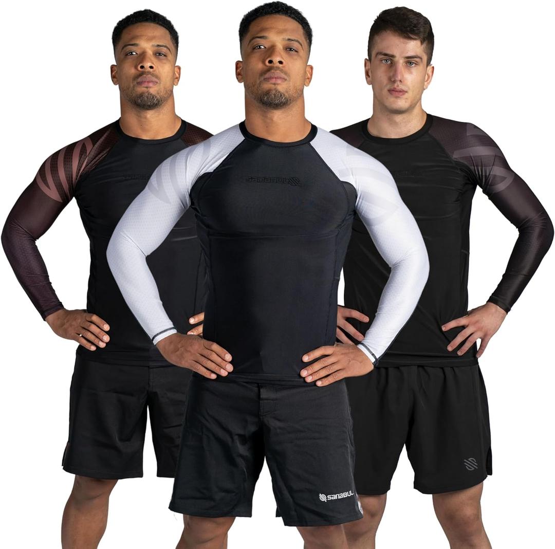 Sanabul Essential Long Sleeve Compression Training Rash Guard for MMA BJJ Wrestling Grappling and No Gi Jiu Jitsu Rashguard - White, Small