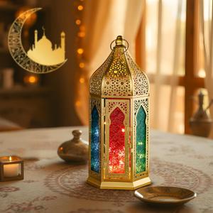 TRIROCKS Moroccan Lantern  12'' Gold Hexagonal Candle Lantern with Tempered Glass & Hollow-Out Design, Decorative Indoor Outdoor Ramadan Lantern for Garden Yard Patio Wedding Parties Events