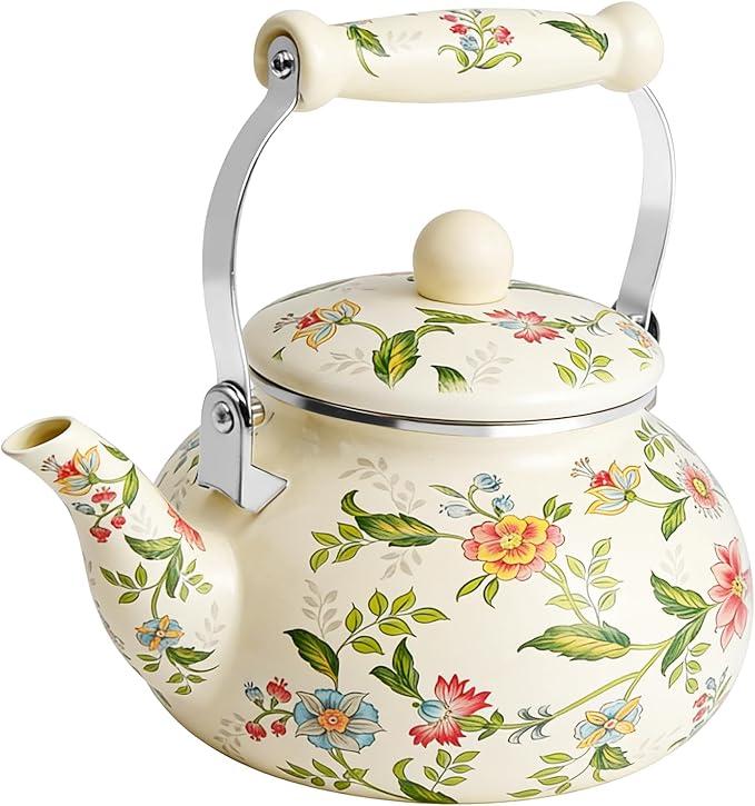 Anxingo Enamel Tea floral Kettle,Tea Kettle Pot for Stove, Top Porcelain Large Enamel Tea Kettle 2.5L,Retro Classic Design