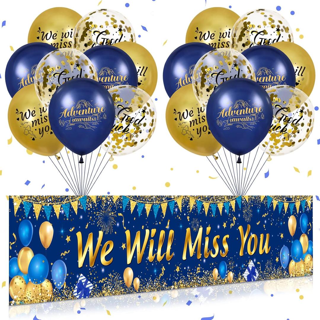 Blue Gold We Will Miss You Banner and 18pcs Good Luck Balloons for Farewell, Going Away, Retirement, Graduation, Goodbye Party