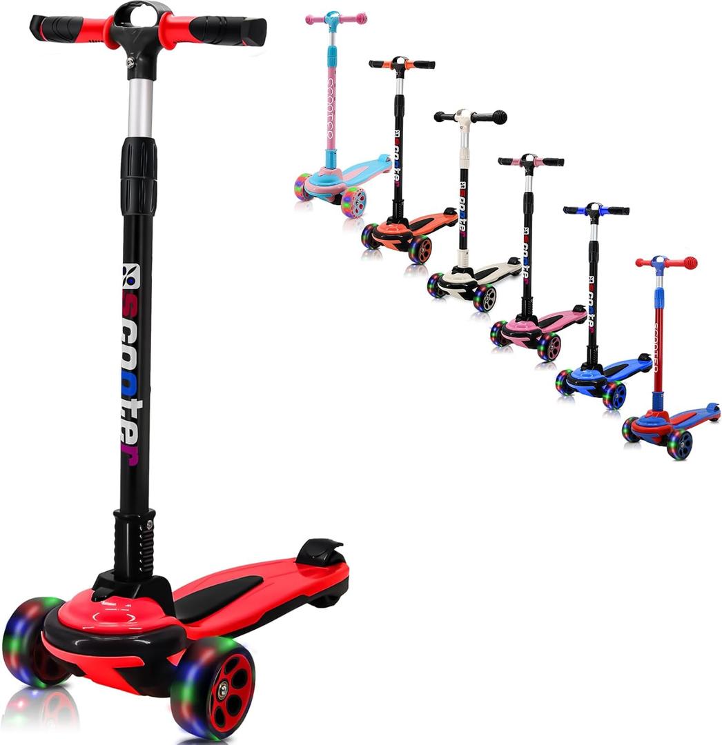 3 Wheels Kick Scooter for Kids Teens Ages 6-18 Years Extral Wide Deck 4 Adjustable Height and Foldable Handlebar LED Flashing Glider Push Scooter for Boys Girls (Red)