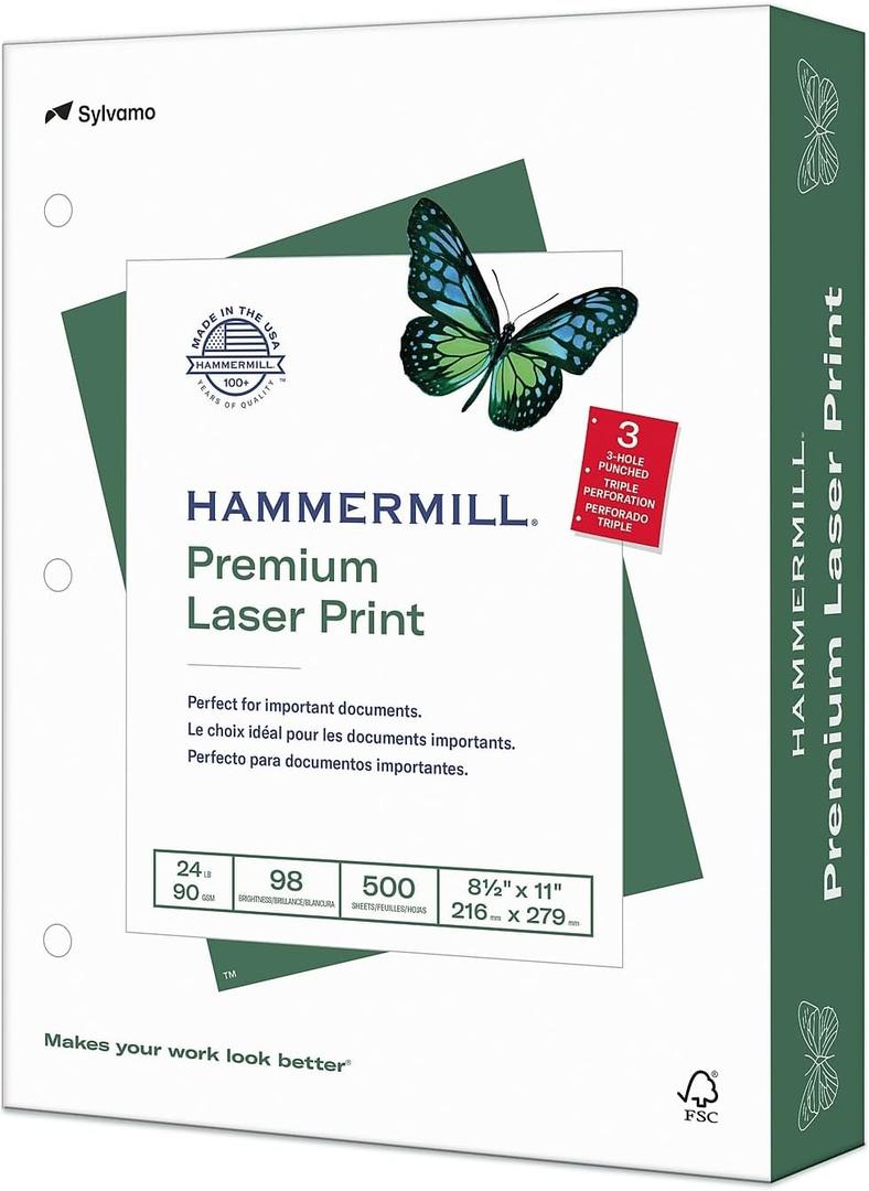 Hammermill Premium Laser Print 8.5-inch x 11-inch 3-Hole Punched Multipurpose Paper, 24 lbs., 98 Brightness, 500 Sheets/Ream (107681)