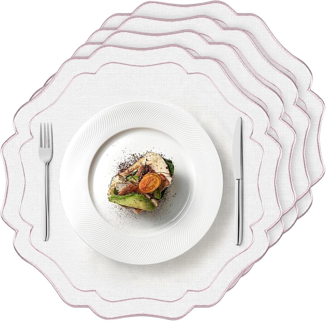 4 Sets Ribbon Twirl Cotton Linen Placemats, 15 inch Embroidery Round Cloth Table Mats with Pink Scalloped Edge Washable Fabric Place Mats Flower Shape for Wedding Baby Shower Party Table Decor (White and Pink)