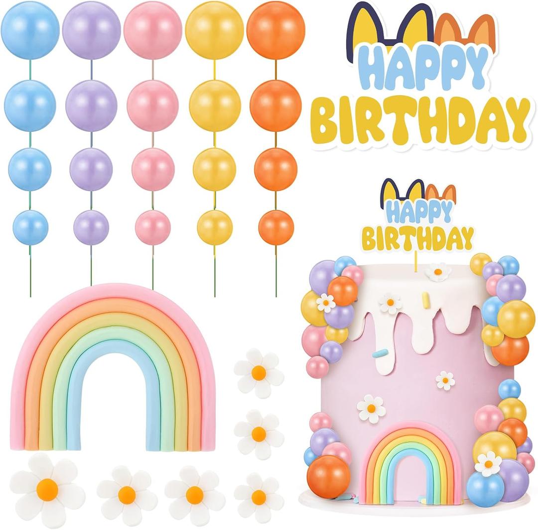 38 Pcs Rainbow Cake Topper with Daisy Balls Cake Topper, Pastel Cupcake Toppers Cake Decorations for Birthday Wedding Party Supplies